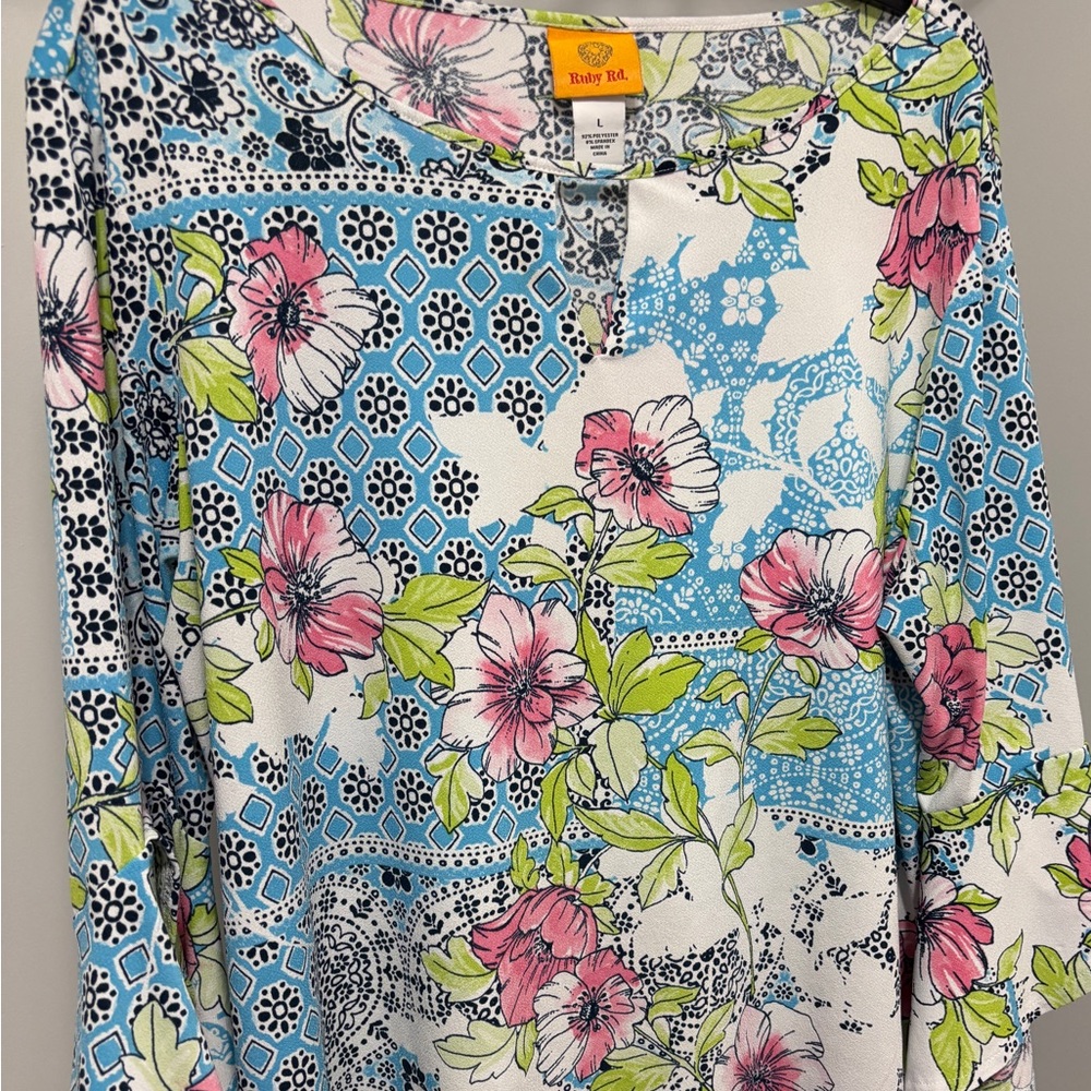 Ruby Rd. Floral Patchwork Long Sleeve Top - Blue, Pink, Green